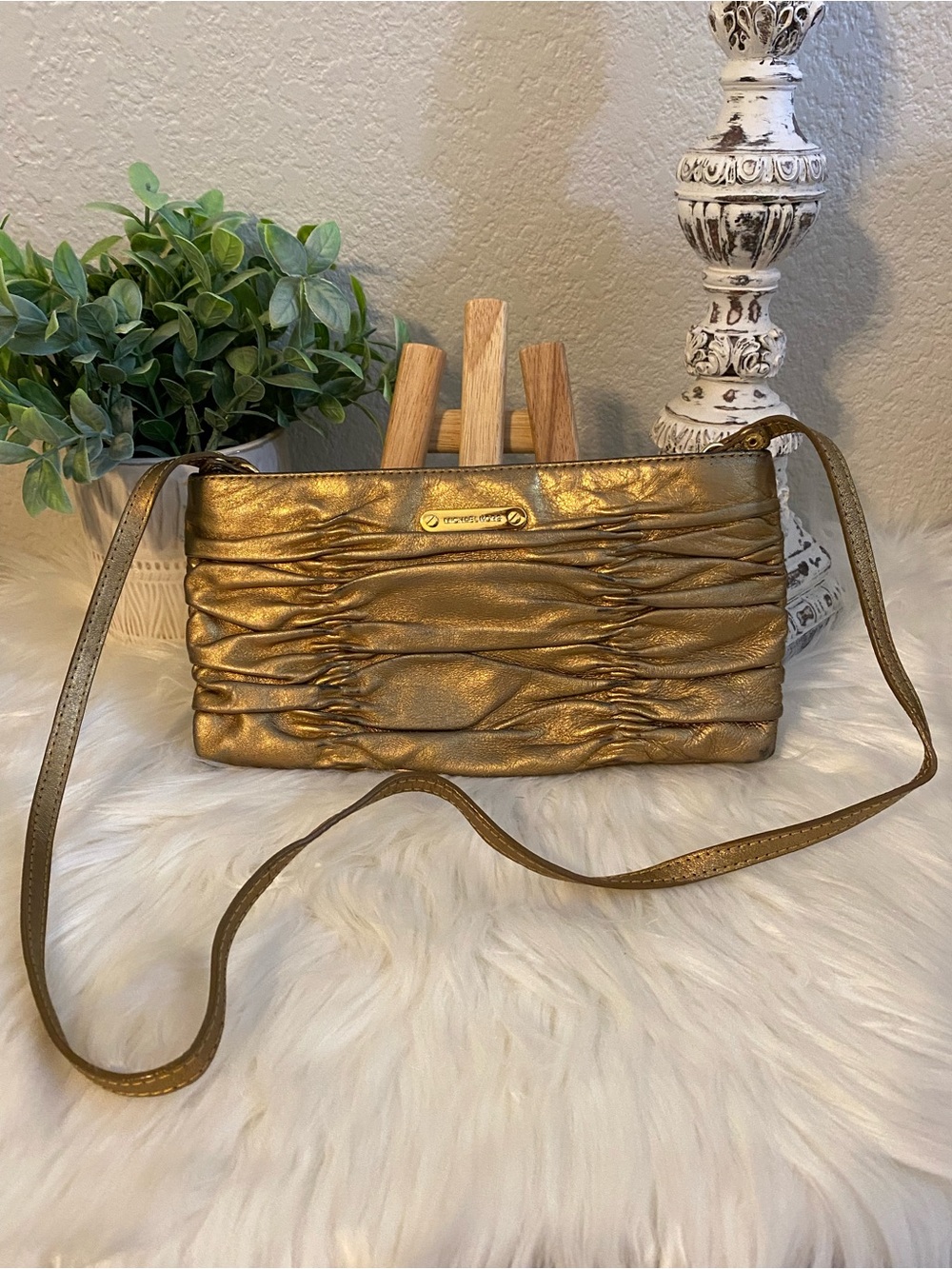 Michael Kors Gold/Bronze Ruched Crossbody or Clutch Bag w/ Removable Strap